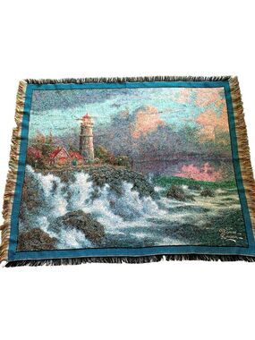 VTG Thomas Kinkade Lighthouse Ocean Wall Tapestry Blanket Fall's Cottage 48"X60"